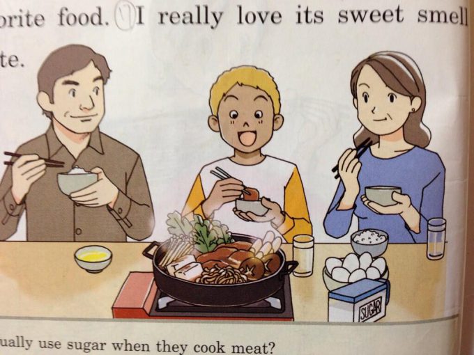 ひどい！ 家族団らんですき焼きを楽しむ教科書の挿絵に落書き（笑）
