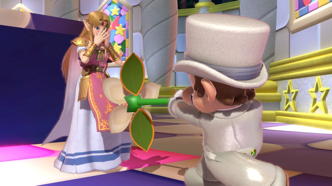 ゼルダ姫にプロポーズするマリオの背後に鬼の形相のピーチ姫 笑