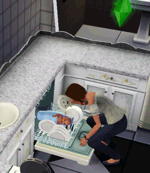 【ゲームバグおもしろ画像】ゲーム「ザ・シムズ」で食器洗い機の中に赤ちゃんがいるゲームバグ（笑）