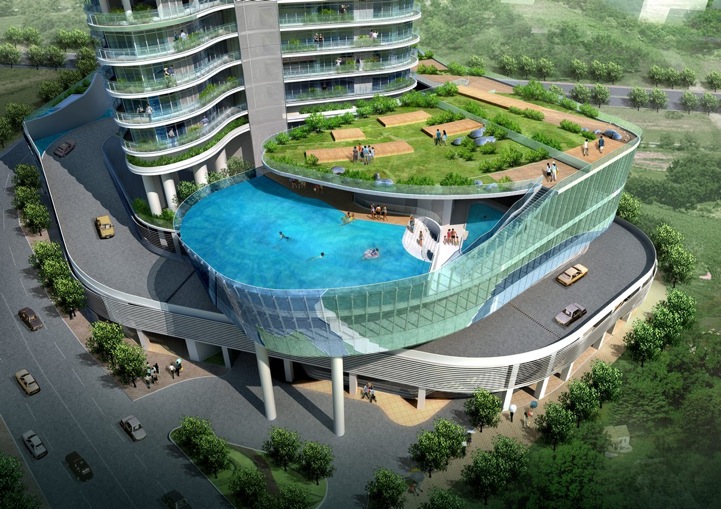 バルコニーにプールがあるインドムンバイの超高層住宅団地（笑）