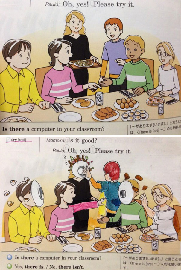 【教科書落書きおもしろ画像】楽しい食事が無茶苦茶になる英語の教科書の落書き（笑）