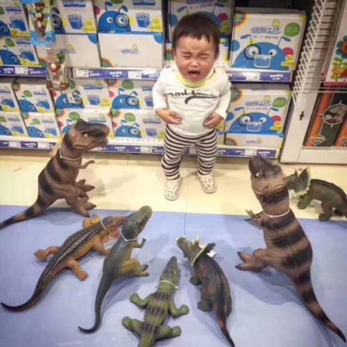 【子どもおもしろ画像】恐竜のおもちゃに囲まれて泣いちゃう子ども（笑）